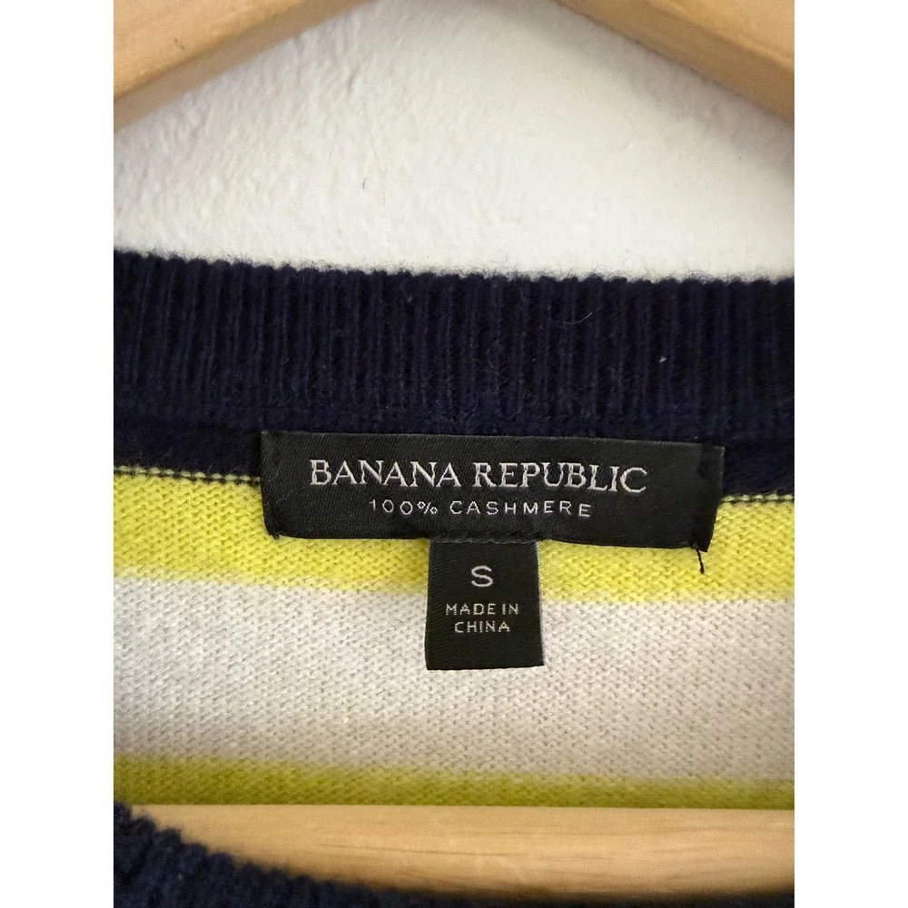Banana Republic 100% Cashmere Striped Crew Neck Sweater Navy Green Yellow Small